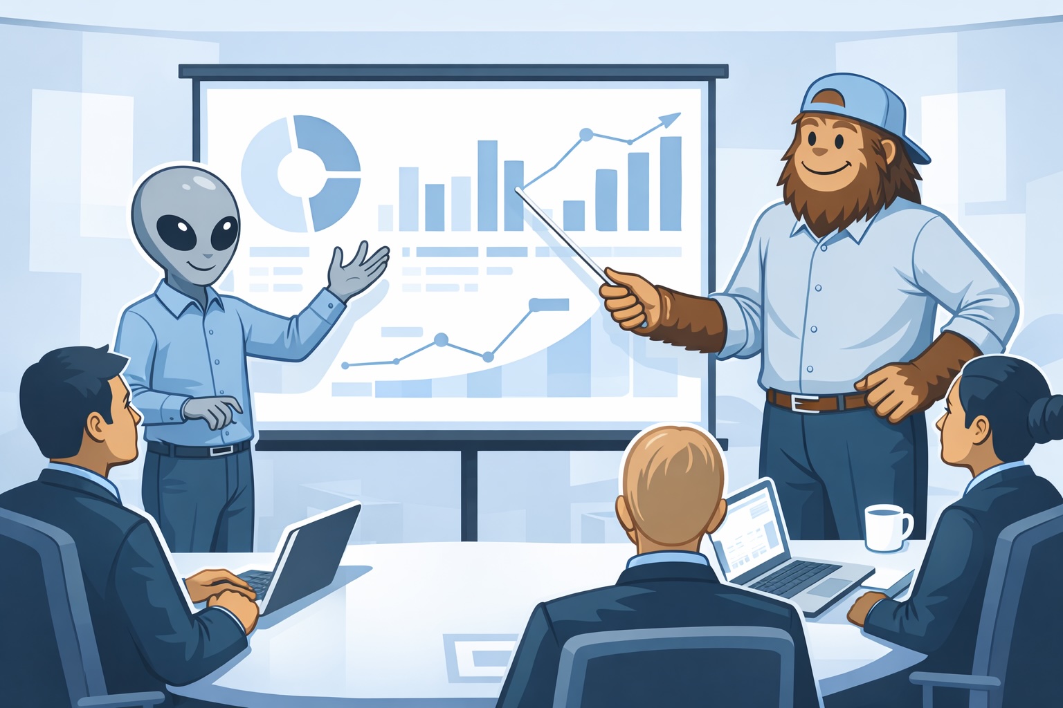 Alien and Bigfoot presenting in a boardroom